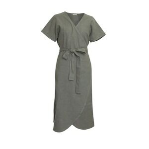 Minimalist Sage Green 100% Linen Wrap Dress Fits Sizes 0-6 Giannetti Made in USA